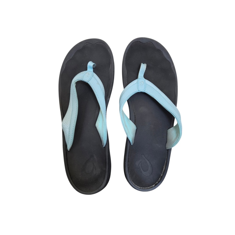 OluKai Ohana In Blue Leather Footfriendly Resort Boho Flip Flops Sandals sz W11